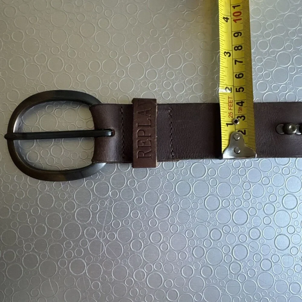 Replay Italian Leather Studded Belt Brown Bronze Steampunk Moto - Size 100 US 38